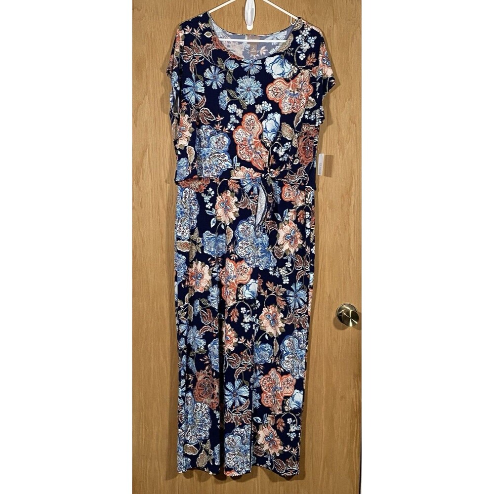Chicos Floral Maxi Dress Short Sleeve Side Slit Navy Blue Resort Wear Women's M